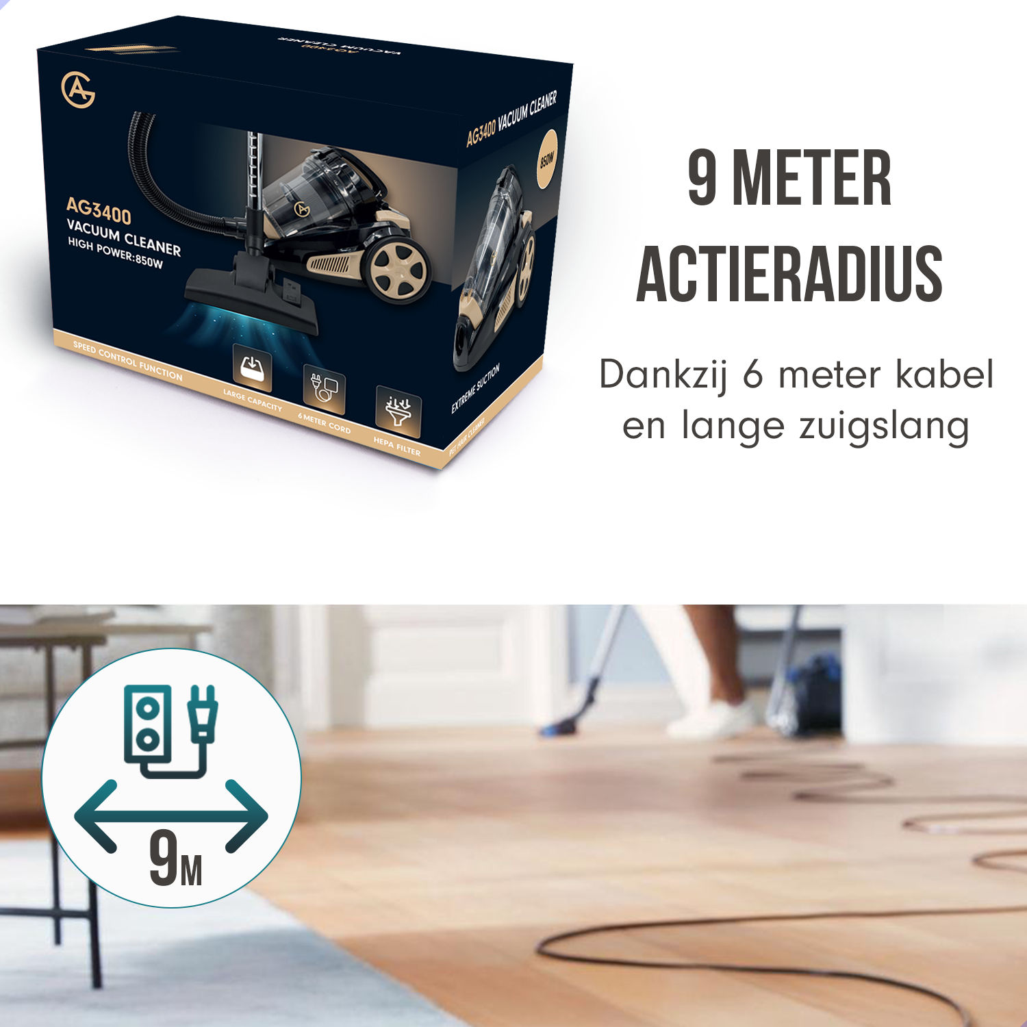 AG Stofzuiger zonder Zak - Extra Lang Snoer, Tot 9 Meter Actieradius