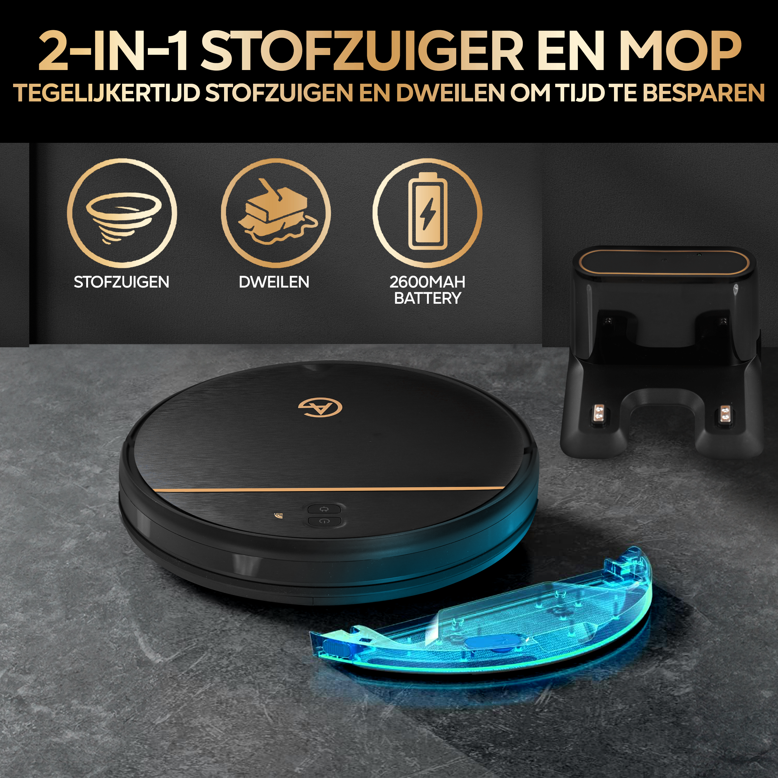 AG Robotstofzuiger met Dweilfunctie - Gold Stripe Design.