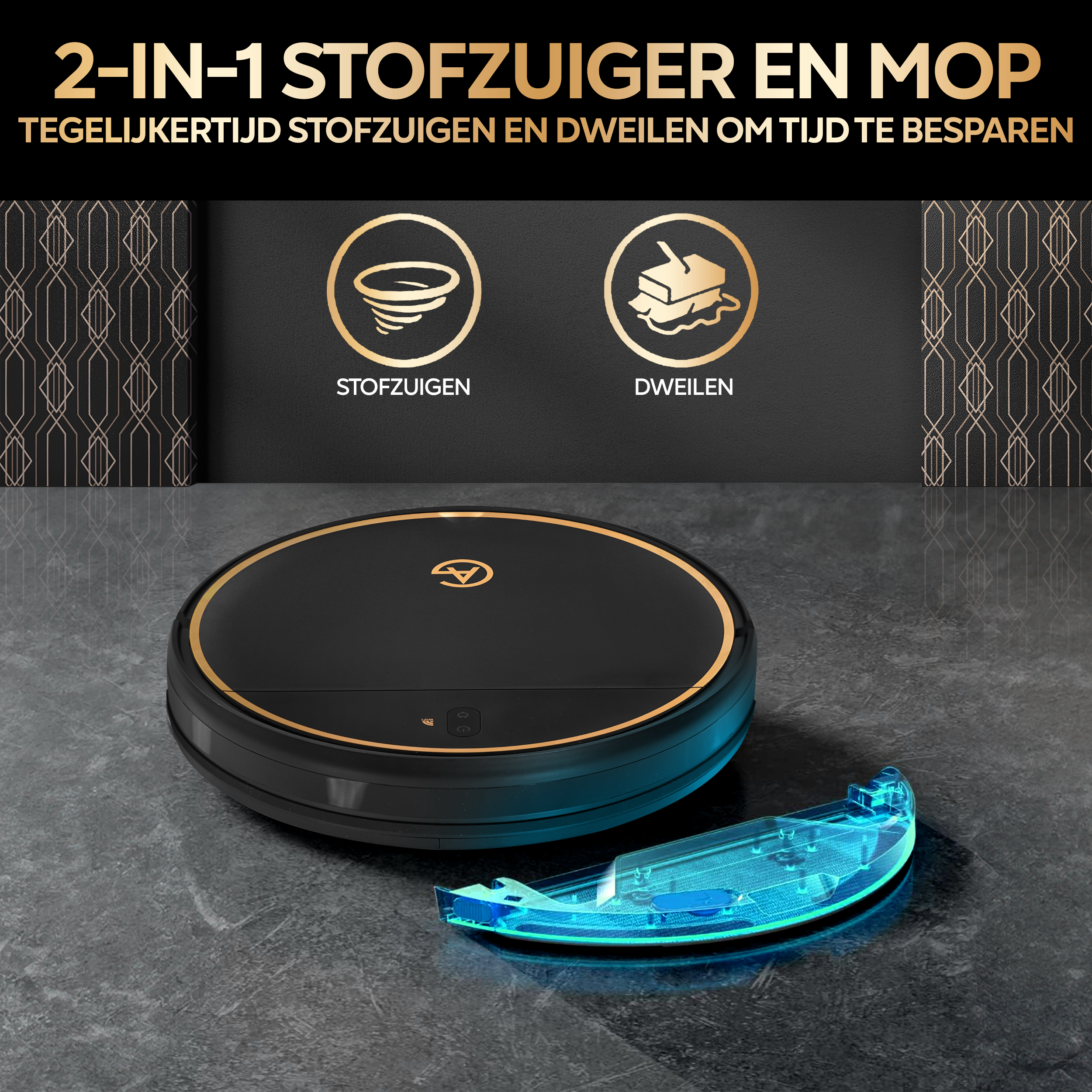 AG Robotstofzuiger met Dweilfunctie - Gold Ring Design.