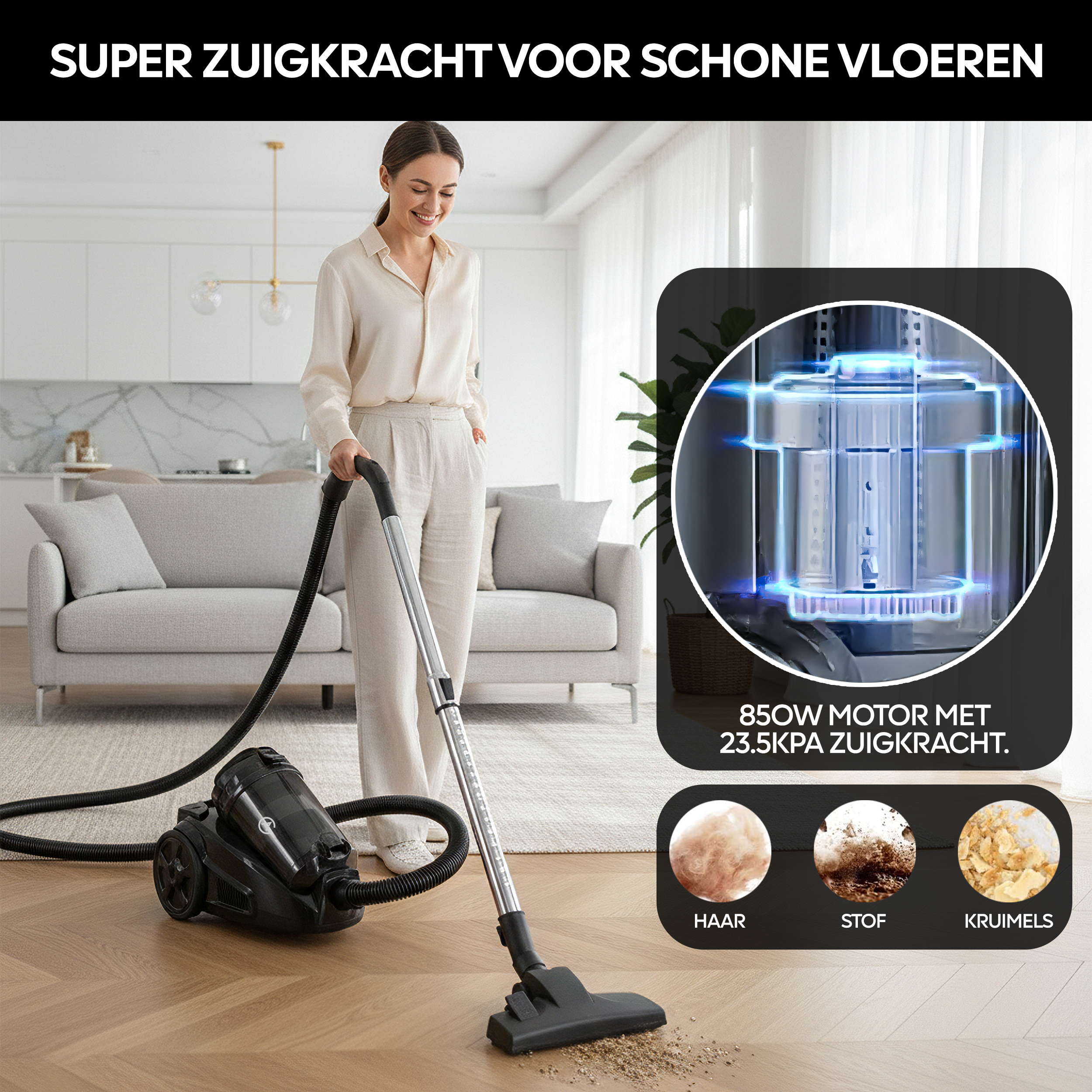 AG Stofzuiger zonder Zak - Extra Lang Snoer, Tot 9 Meter Actieradius - Zwart